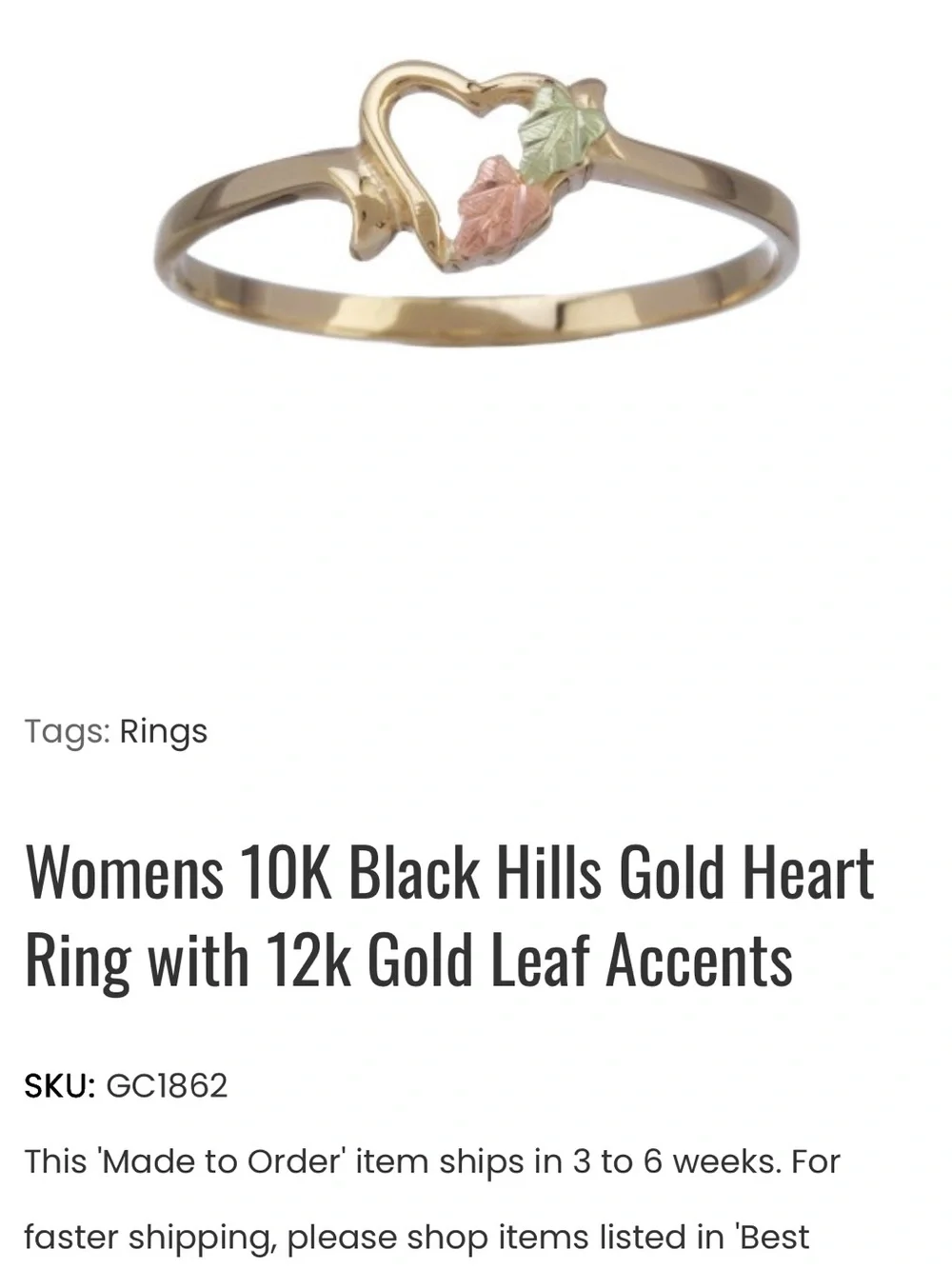 10K Black Hills Gold Heart Ring with Tri-Color Leaf Accents